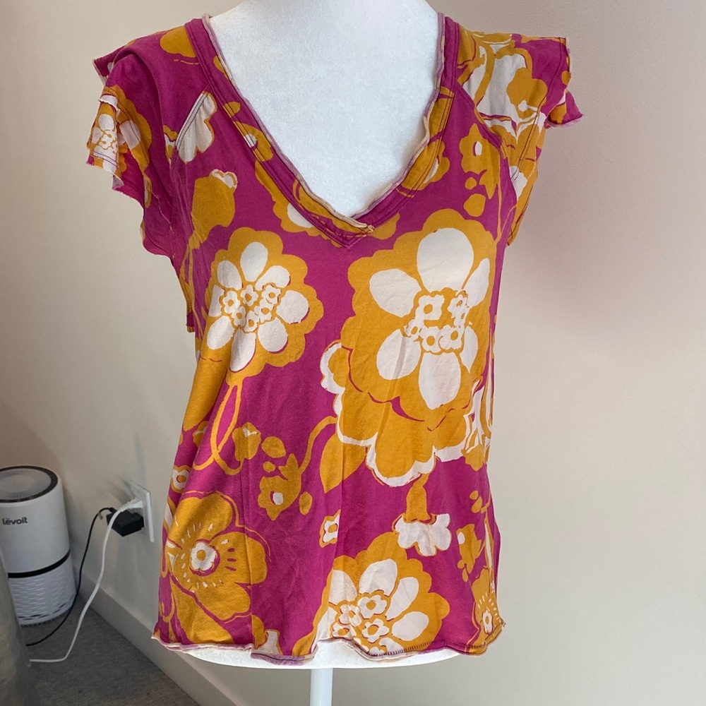 Maeve Pink and Orange Floral Short Sleeve Top